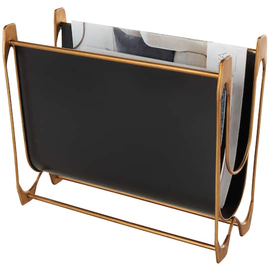 15" Black Metal Curved Magazine Holder with Brass Stand